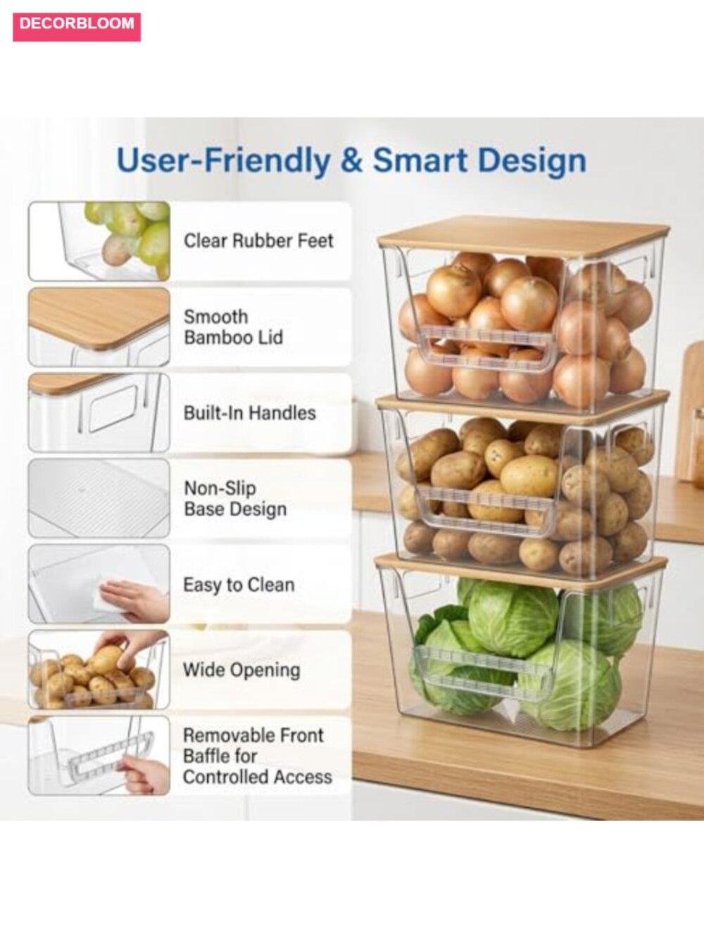 3 Set Pantry Organizers Storage Bamboo Lids Stackable Clear Plastic Bins - Picture 3 of 6
